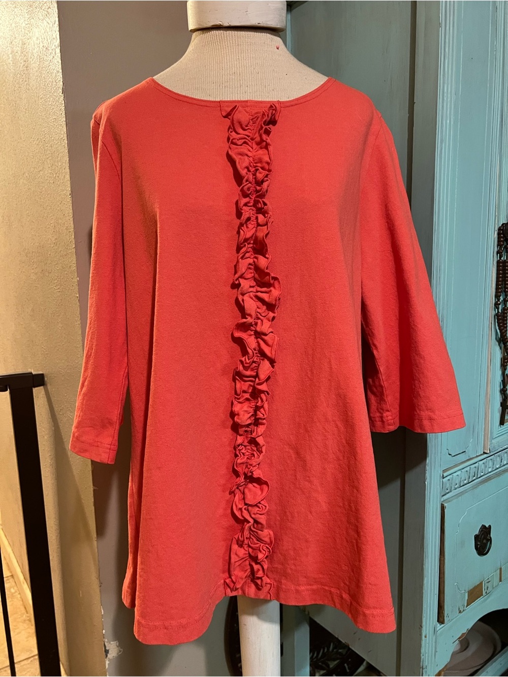 BRYN WALKER Boho Tunic Top Shirt Sz Medium Coral Cotton Ruffle Detail Lagenlook